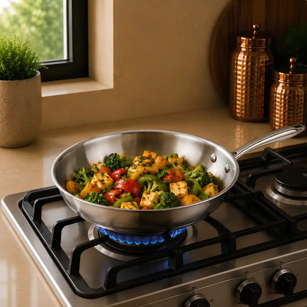 A stainless steel frying pan filled with cooked vegetables sits on a lit gas stove burner in a kitchen setting.