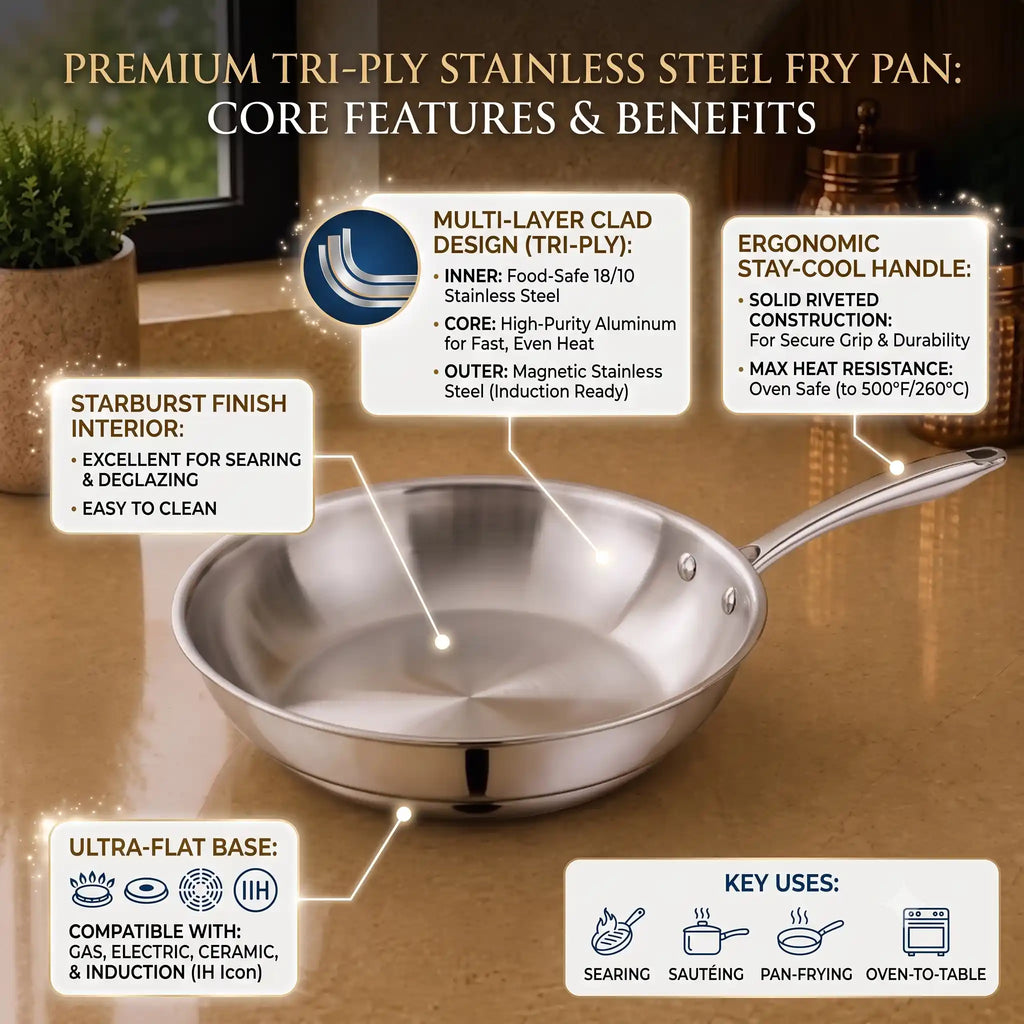 Triply Stainless Steel Fry Pan | Induction Compatible