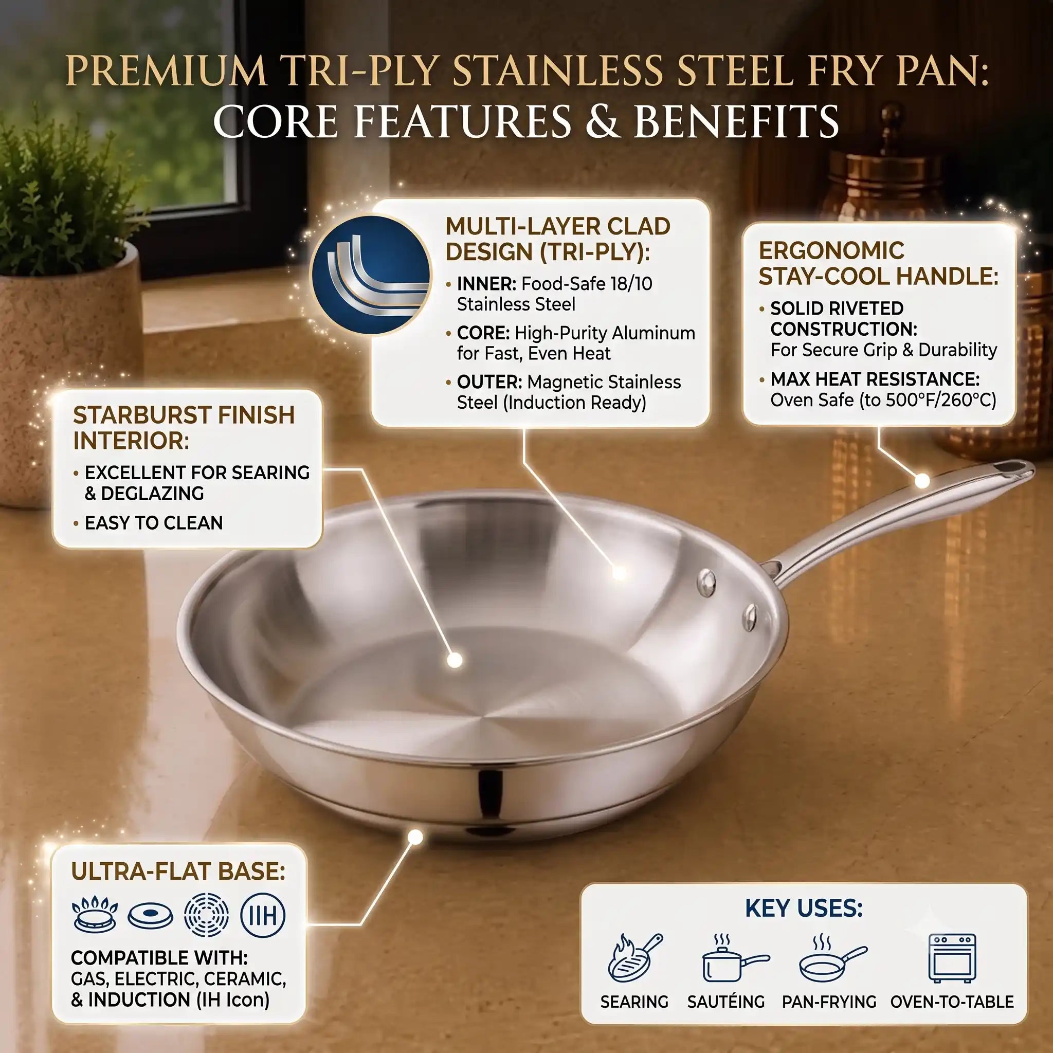 Triply Stainless Steel Fry Pan | Induction Compatible