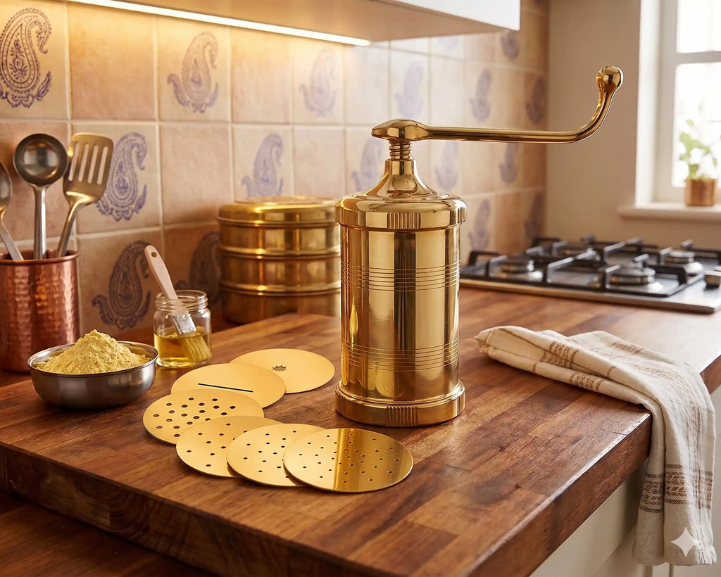 Pure Brass Sev Sancha Machine with Free 6 Different Jali for Making Different Types of Sevaiya, Sev, Gathiya Murukku, Chakli, Bhujia Etc