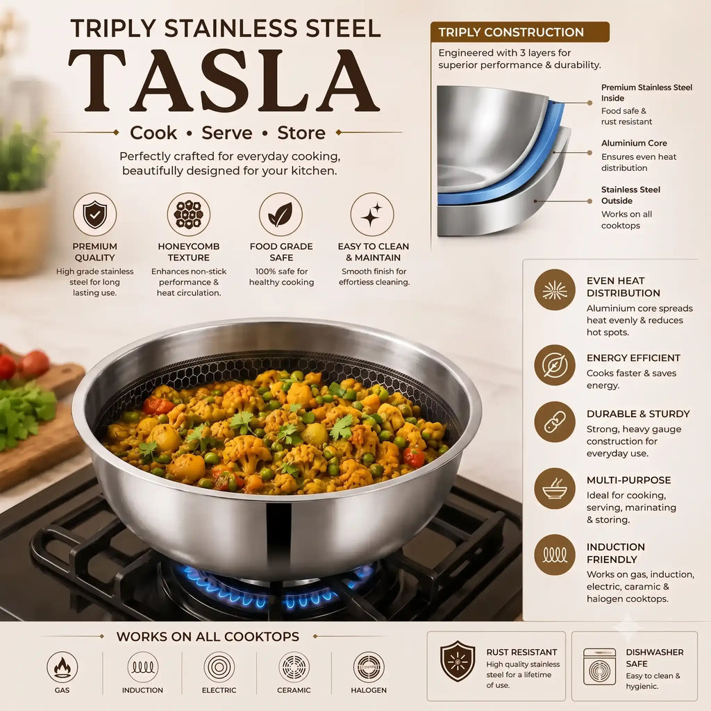 Tri-Ply stainless steel tasla with a honeycomb cooking surface and sturdy side handles, displayed on a dark brown background. Heavy-duty deep cooking vessel suitable for gas and induction cooktops.