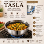Tri-Ply stainless steel tasla with a honeycomb cooking surface and sturdy side handles, displayed on a dark brown background. Heavy-duty deep cooking vessel suitable for gas and induction cooktops.