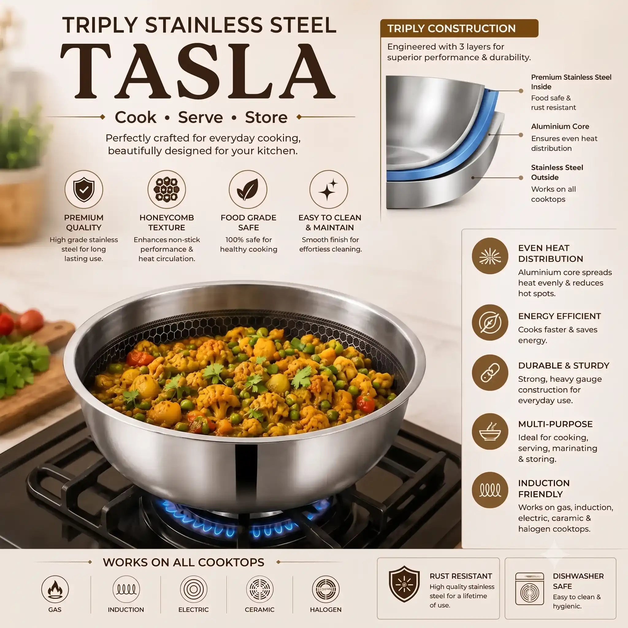 Tri-Ply stainless steel tasla with a honeycomb cooking surface and sturdy side handles, displayed on a dark brown background. Heavy-duty deep cooking vessel suitable for gas and induction cooktops.