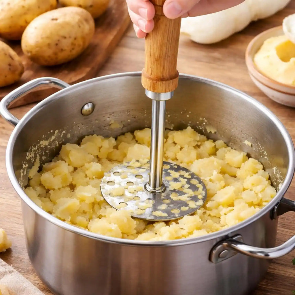 Mashed potatoes being stirred with a wooden masher in a pot on a wooden surface.