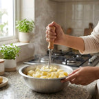Person mashing potatoes in a kitchen with a stove and windows in the background