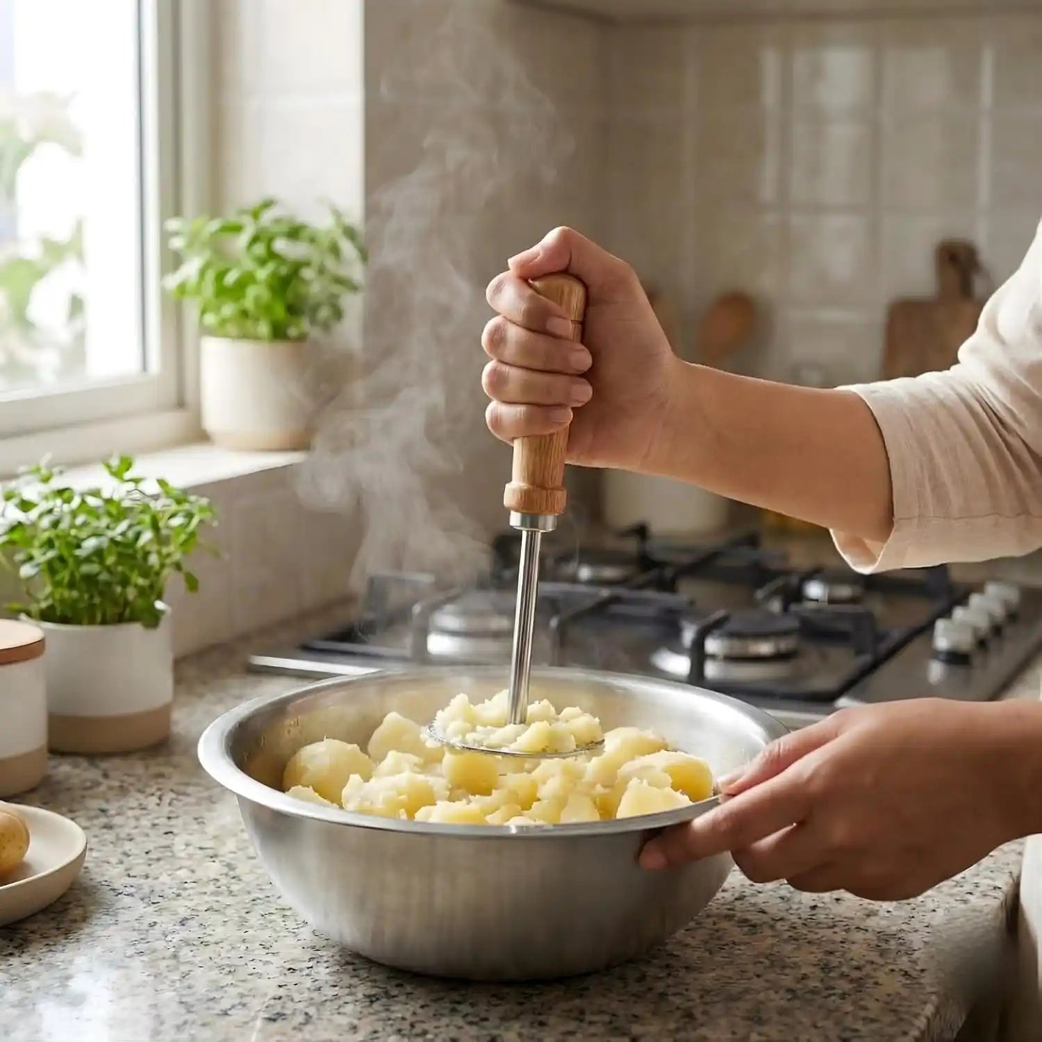 Person mashing potatoes in a kitchen with a stove and windows in the background