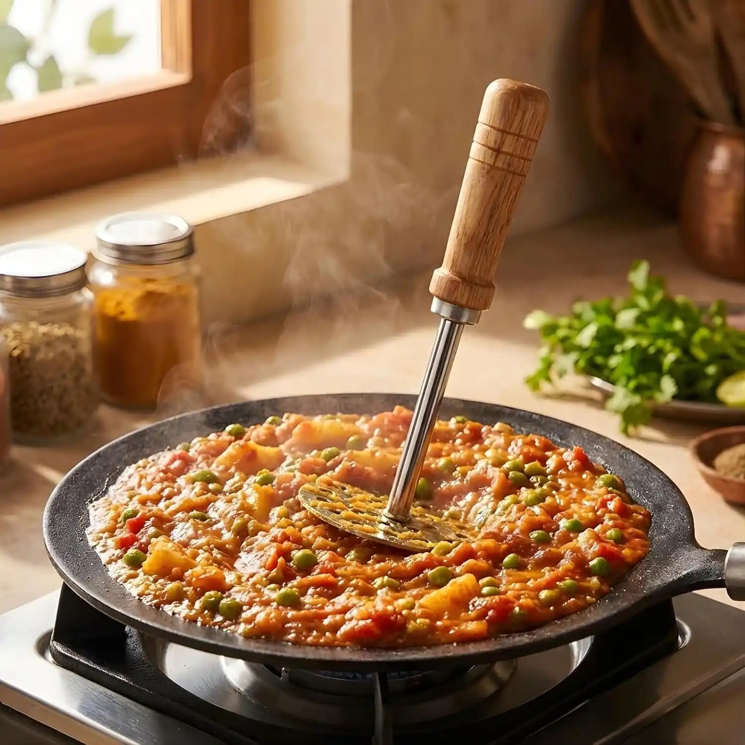 Stirring paella in a pan with a wooden spoon on a stove.