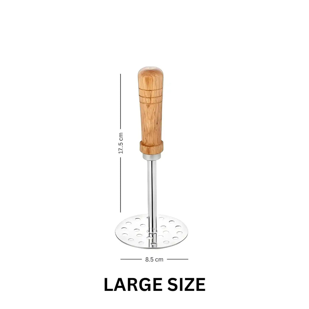 Large size plunger with wooden handle and measurements on a white background