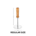 Metallic muddler with wooden handle and measurements on a white background