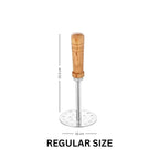 Metallic muddler with wooden handle and measurements on a white background