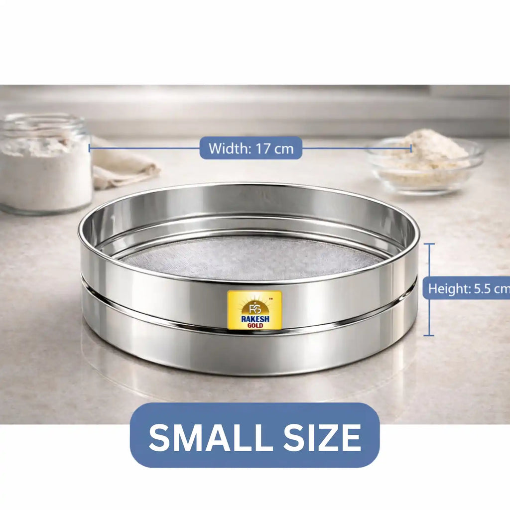 Stainless steel fine mesh chalni (flour sieve) on a modern kitchen countertop, ideal for sifting atta, maida, besan, powdered sugar, and spices.