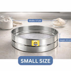 Stainless steel fine mesh chalni (flour sieve) on a modern kitchen countertop, ideal for sifting atta, maida, besan, powdered sugar, and spices.