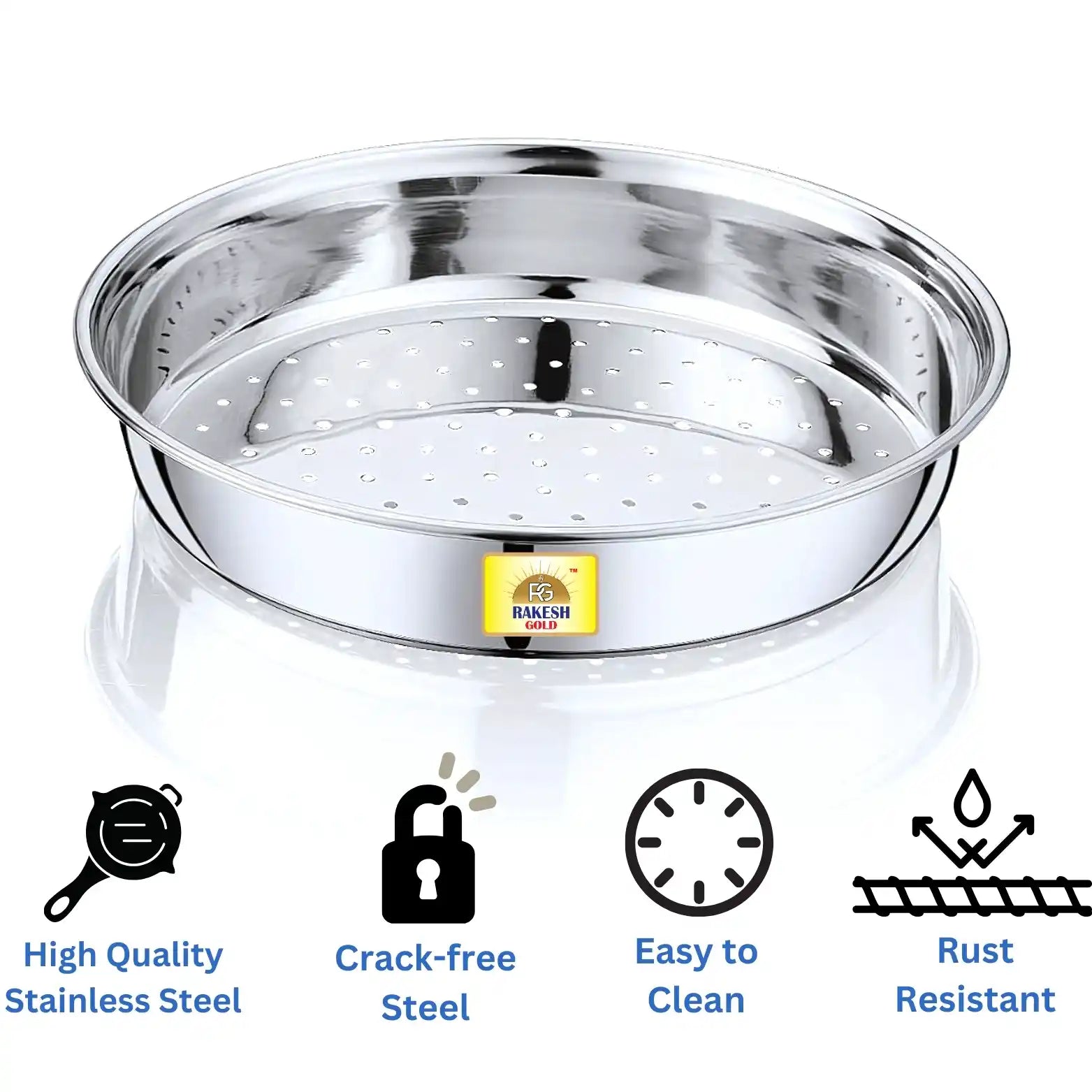 Stainless steel chalni (strainer) on a warm modern kitchen countertop with a window view, decorative plant, and copper storage jars.