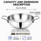 A stainless steel kadhai cookware pot with two side handles, shown with overlaid dimension and capacity information on a white background. Text reads 'CAPACITY AND DIMENSION DESCRIPTION,' 'Breadth: 24 cm,' 'Capacity: 2.