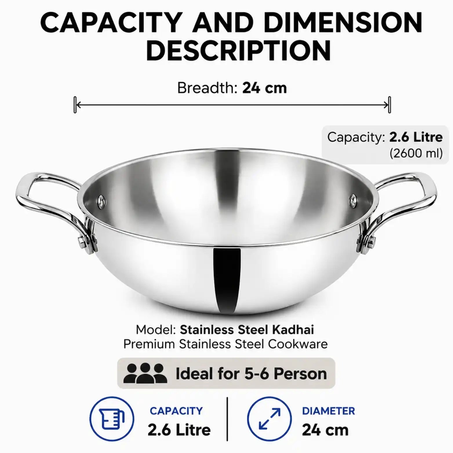 A stainless steel kadhai cookware pot with two side handles, shown with overlaid dimension and capacity information on a white background. Text reads 'CAPACITY AND DIMENSION DESCRIPTION,' 'Breadth: 24 cm,' 'Capacity: 2.