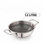 ri-ply stainless steel kadai without lid featuring dual handles and a durable patterned cooking surface.
