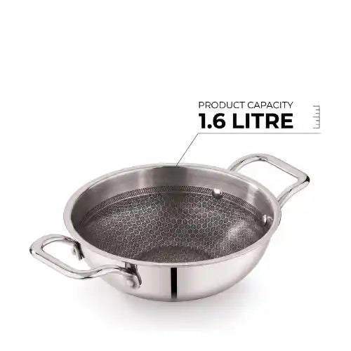 ri-ply stainless steel kadai without lid featuring dual handles and a durable patterned cooking surface.