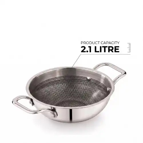 ri-ply stainless steel kadai without lid featuring dual handles and a durable patterned cooking surface.
