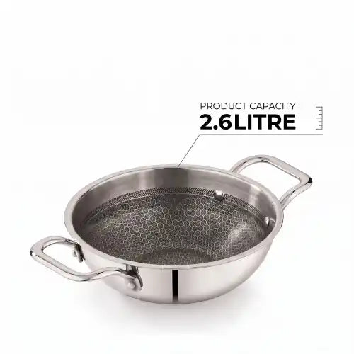 ri-ply stainless steel kadai without lid featuring dual handles and a durable patterned cooking surface.