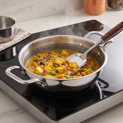 ri-ply stainless steel kadai without lid featuring dual handles and a durable patterned cooking surface.