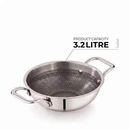 ri-ply stainless steel kadai without lid featuring dual handles and a durable patterned cooking surface.