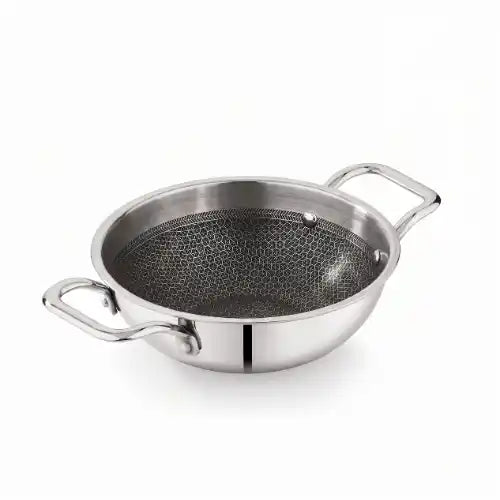ri-ply stainless steel kadai without lid featuring dual handles and a durable patterned cooking surface.