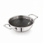 ri-ply stainless steel kadai without lid featuring dual handles and a durable patterned cooking surface.
