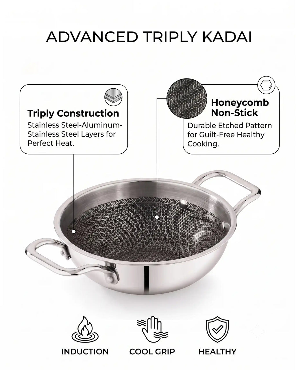 ri-ply stainless steel kadai without lid featuring dual handles and a durable patterned cooking surface.