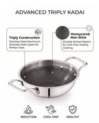 ri-ply stainless steel kadai without lid featuring dual handles and a durable patterned cooking surface.