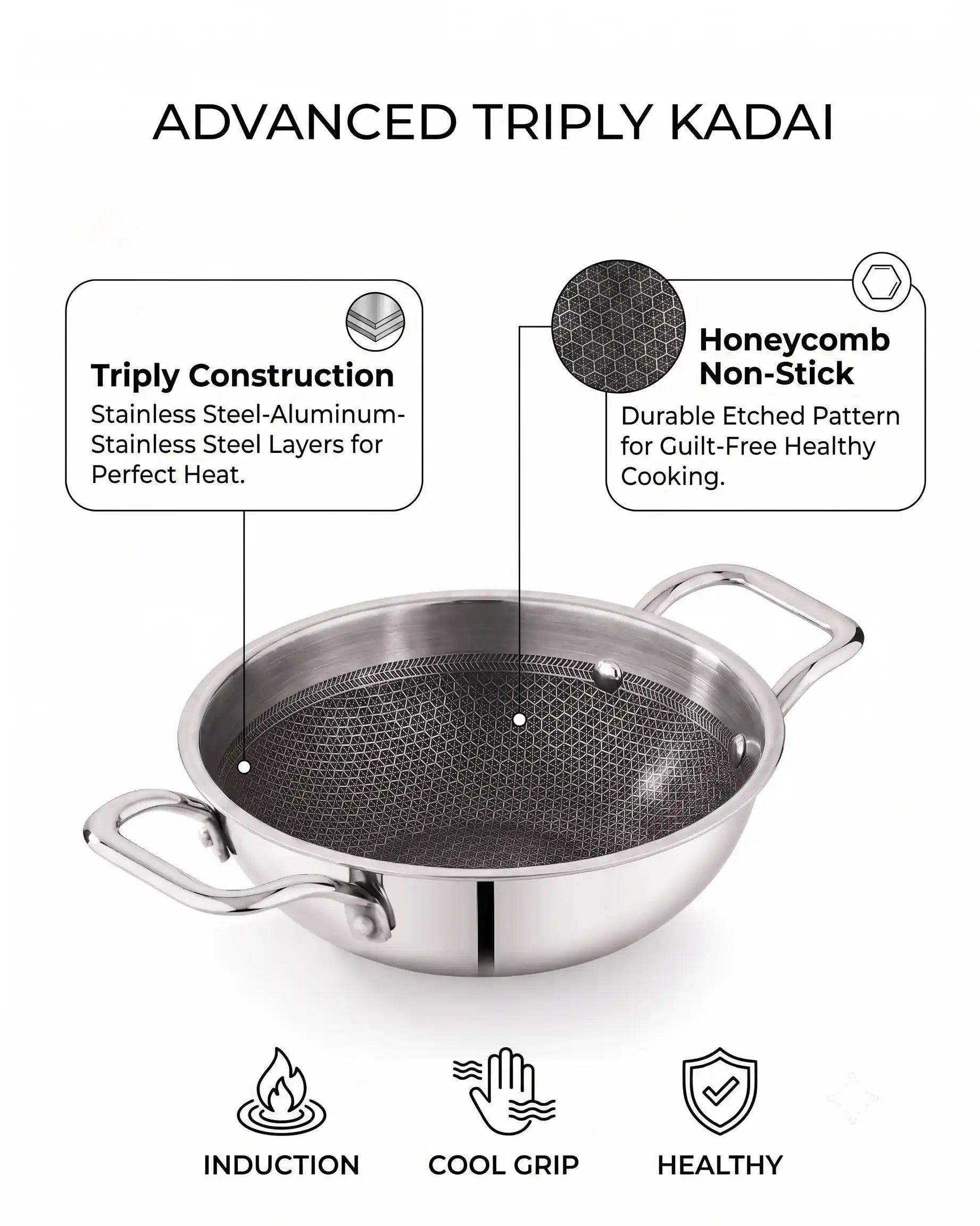 ri-ply stainless steel kadai without lid featuring dual handles and a durable patterned cooking surface.