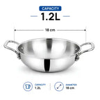 Triply stainless steel kadhai without lid with dual handles for cooking sabji, vegetables, curry, sautéing and frying.
