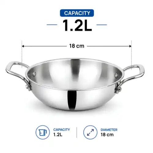 Triply stainless steel kadhai without lid with dual handles for cooking sabji, vegetables, curry, sautéing and frying.