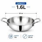 Triply stainless steel kadhai without lid with dual handles for cooking sabji, vegetables, curry, sautéing and frying.