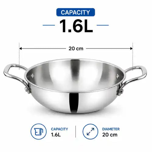Triply stainless steel kadhai without lid with dual handles for cooking sabji, vegetables, curry, sautéing and frying.