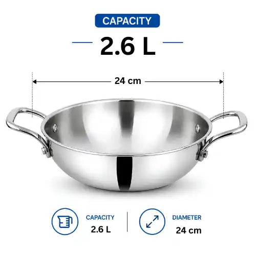 Triply stainless steel kadhai without lid with dual handles for cooking sabji, vegetables, curry, sautéing and frying.