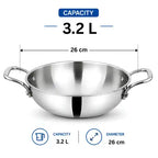 Triply stainless steel kadhai without lid with dual handles for cooking sabji, vegetables, curry, sautéing and frying.