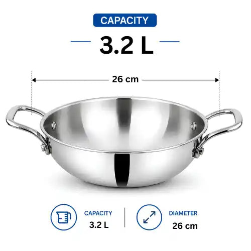 Triply stainless steel kadhai without lid with dual handles for cooking sabji, vegetables, curry, sautéing and frying.