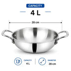 Triply stainless steel kadhai without lid with dual handles for cooking sabji, vegetables, curry, sautéing and frying.