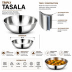A product infographic for a Triply Tasala stainless steel mixing bowl, showing the bowl from multiple angles with text callouts about its 3-layer construction, dimensions, and suitability for different cooktops. A bowl of food is shown in the bottom right corner.