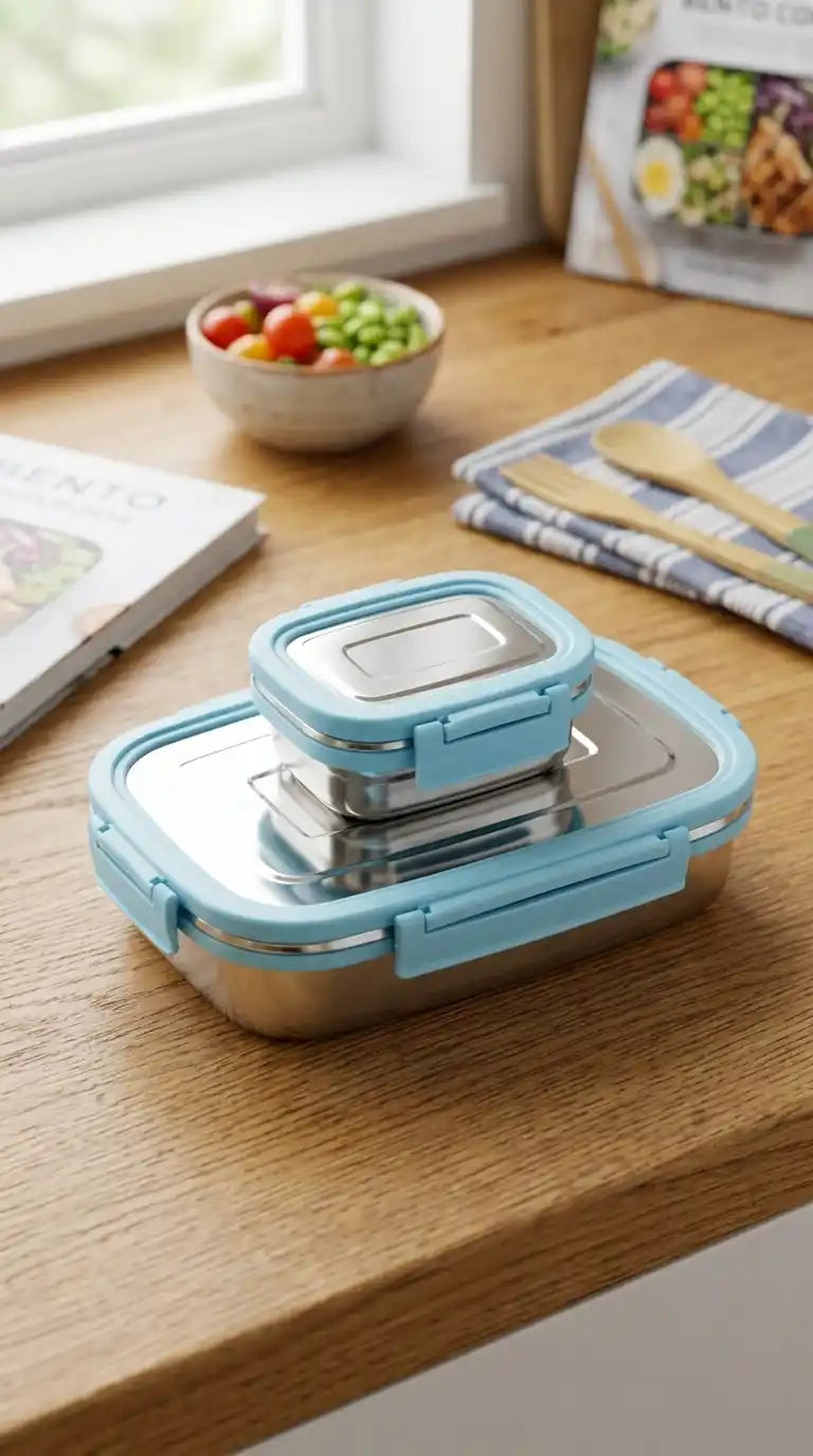 Stainless steel lunch box with blue lid on a wooden surface