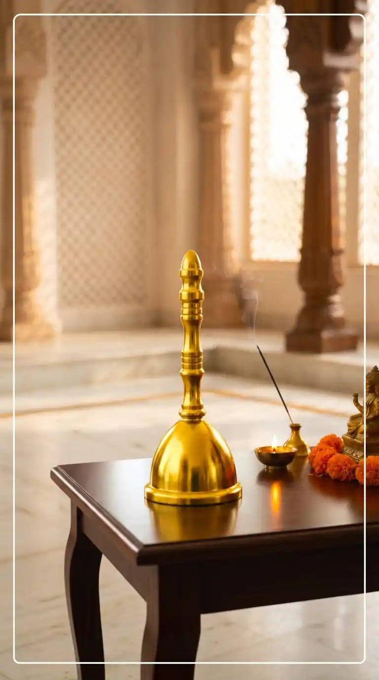 Gold bell on a wooden table with a blurred background