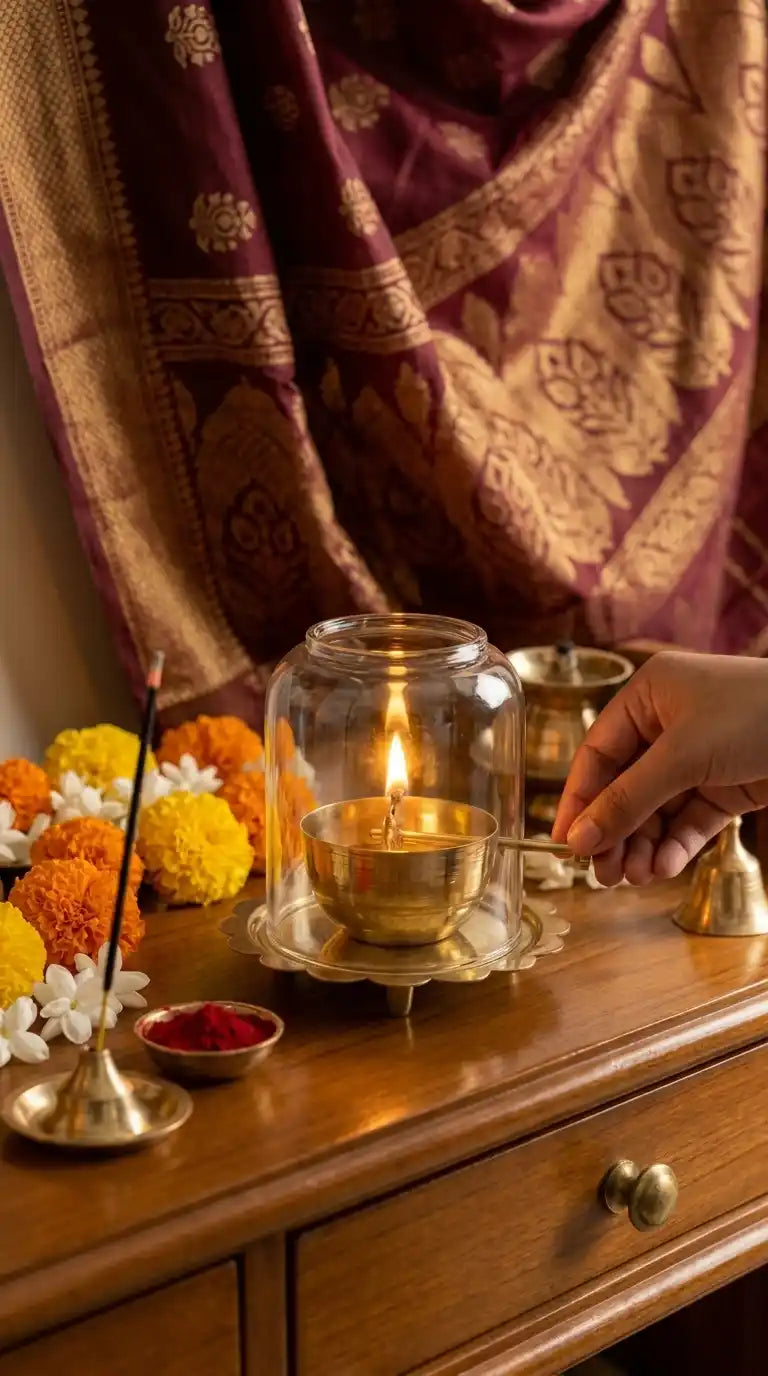 Person lighting a candle in a glass holder on a wooden table with decorative items.