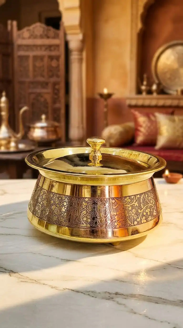 Brass Kitchen Appliances Cooking Serving Pot |Biryani Handi|Urli| Embossed Design Casserole With Lid For Decoration Tableware, Home, Hotel, Restaurant Donga,