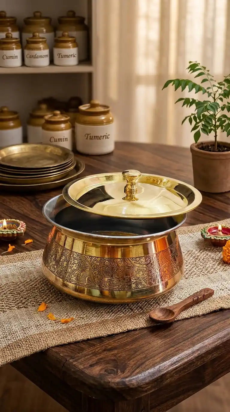 Brass Kitchen Appliances Cooking Serving Pot |Biryani Handi|Urli| Embossed Design Casserole With Lid For Decoration Tableware, Home, Hotel, Restaurant Donga,