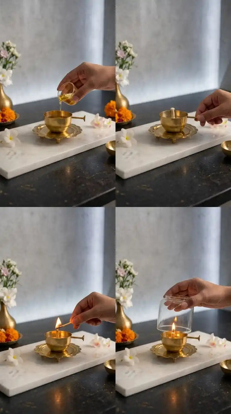 Step-by-step process of lighting a candle in a small glass holder on a marble tray.