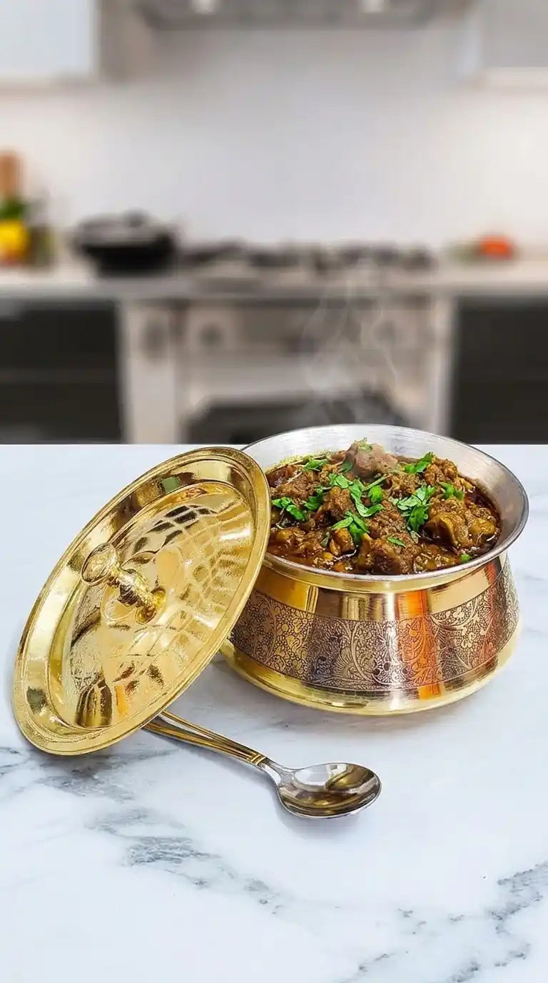 Brass Kitchen Appliances Cooking Serving Pot |Biryani Handi|Urli| Embossed Design Casserole With Lid For Decoration Tableware, Home, Hotel, Restaurant Donga,