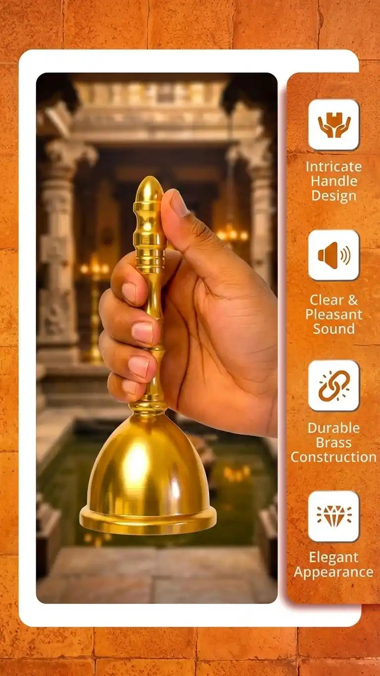 Hand holding a gold bell with temple background
