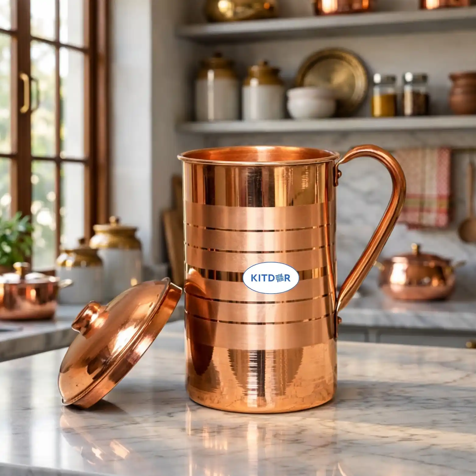 Premium Copper Water Jug with Lid – Pure Copper Drinkware Polished copper water jug with lid and handle placed on marble kitchen countertop