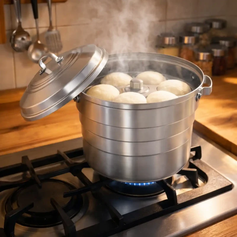 Aluminium idli maker steamer with lid and three idli plates placed on a kitchen countertop, traditional Indian idli cooking vessel set.