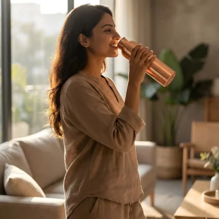 Pure copper water bottle on marble countertop with tulsi leaves and lemon slices in warm kitchen lighting